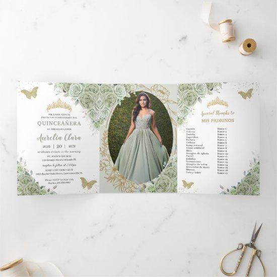 Chic Sage Green Floral Butterflies Quinceañera Tri-Fold