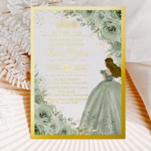 Chic Sage Green Floral Princess Gold Quinceañera  Foil