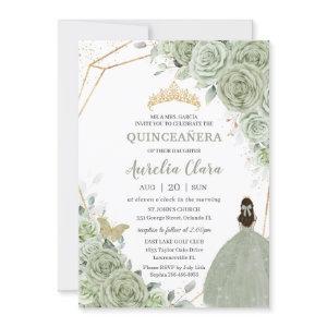 Chic Sage Green Floral Princess Gold Quinceañera