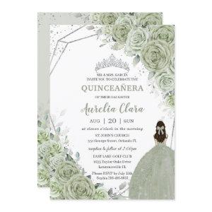 Chic Sage Green Floral Princess Silver Quinceañera