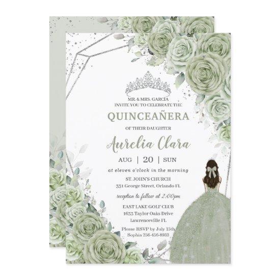 Chic Sage Green Floral Princess Silver Quinceañera