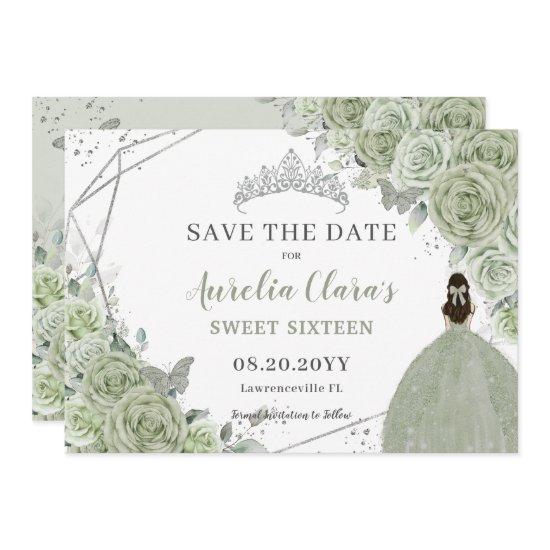 Chic Sage Green Floral Quinceanera Sweet Sixteen Save The Date
