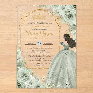 Chic Sage Green Floral Roses Princess Quinceañera  Acrylic