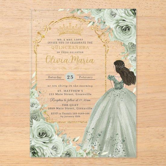 Chic Sage Green Floral Roses Princess Quinceañera  Acrylic