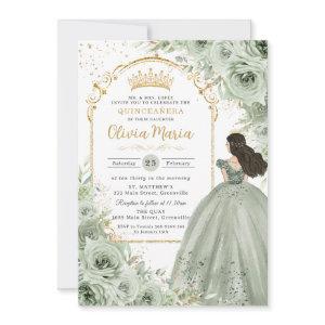 Chic Sage Green Floral Roses Princess Quinceañera