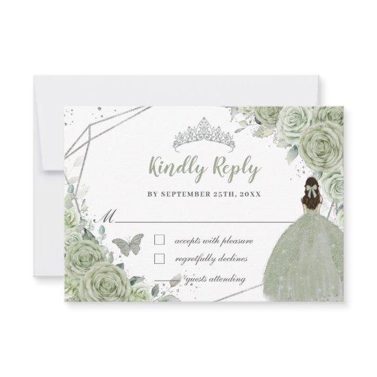 Chic Sage Green Floral Silver Quinceañera Princess RSVP Card