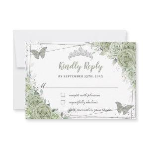 Chic Sage Green Floral Silver XV 15 16 Quinceañera RSVP Card