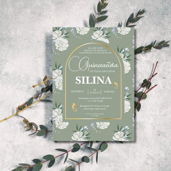 Chic Sage Green Gold Arch Butterflies Quinceañera