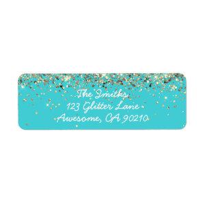 Chic Script Blue Glitter Wedding Return Address Label