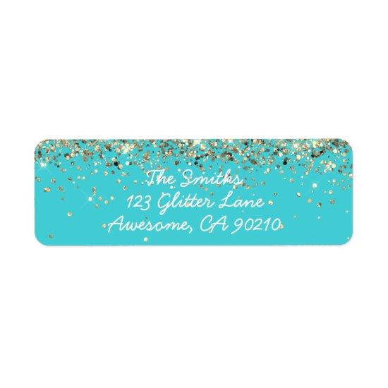 Chic Script Blue Glitter Wedding Return Address Label