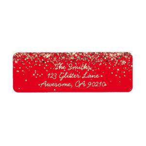 Chic Script Red Glitter Wedding Return Address Label