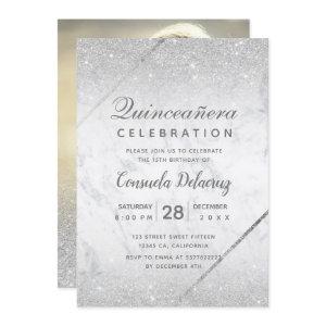 Chic silver glitter script marble Quinceanera