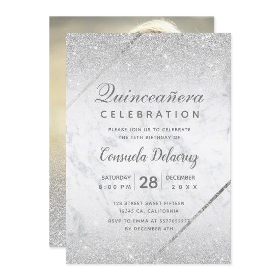 Chic silver glitter script marble Quinceanera