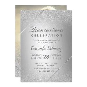 Chic silver glitter script metallic Quinceanera