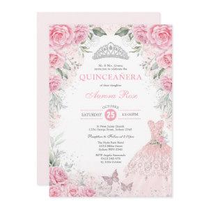 Chic Silver Pink Floral Quinceañera Princess Dress