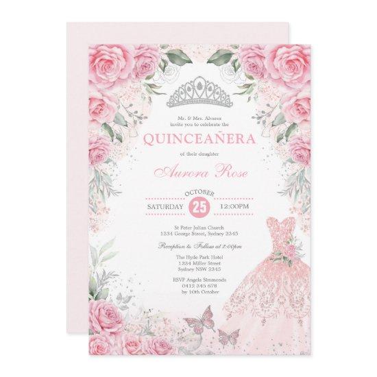 Chic Silver Pink Floral Quinceañera Princess Dress