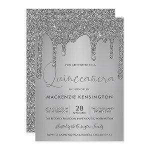 Chic Silver Sparkle Glitter Drips Quinceañera
