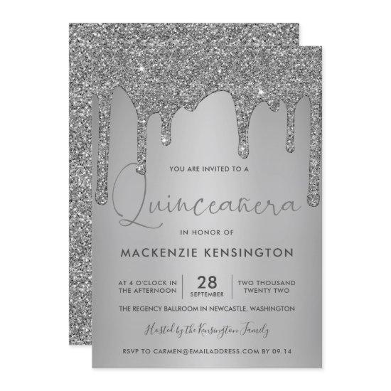Chic Silver Sparkle Glitter Drips Quinceañera