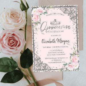 Chic Silver Tiara,Diamond Pink Flowers Quinceañera