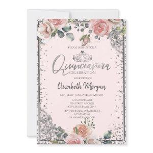 Chic Silver Tiara,Diamond Pink Roses Quinceañera