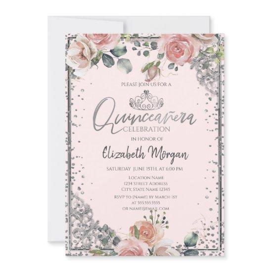 Chic Silver Tiara,Diamond Pink Roses Quinceañera