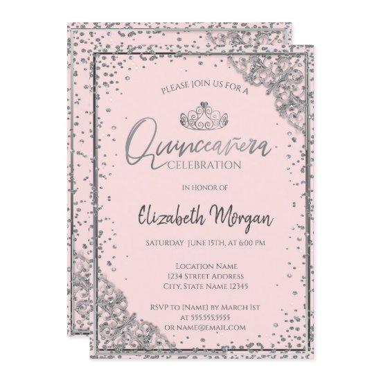 Chic Silver Tiara,Diamonds Blush Pink Quinceañera