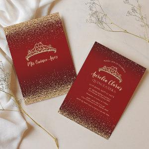 Chic Sparkling Red Gold Glitter Tiara Quinceanera