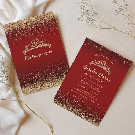 Chic Sparkling Red Gold Glitter Tiara Quinceanera