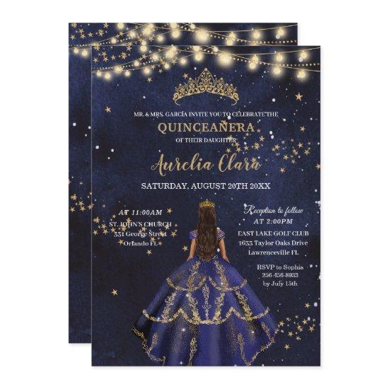 Chic Starry Night Navy Blue Dress Gold Quinceañera