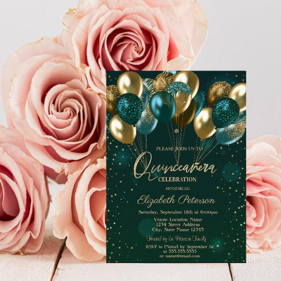 Chic Stylish Gold Green Balloons Green Quinceañera
