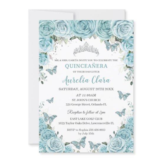 Chic Turquoise Blue Floral Butterflies Quinceañera
