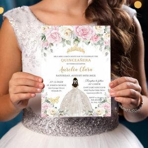 Chic White Baby Pink Roses Floral Girl Quinceañera