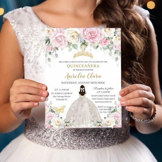 Chic White Baby Pink Roses Floral Girl Quinceañera