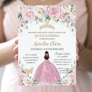 Chic White Baby Pink Roses Floral Gold Quinceañera