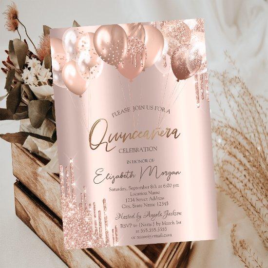 ChicRose Gold Glitter Drips Balloons Quinceañera