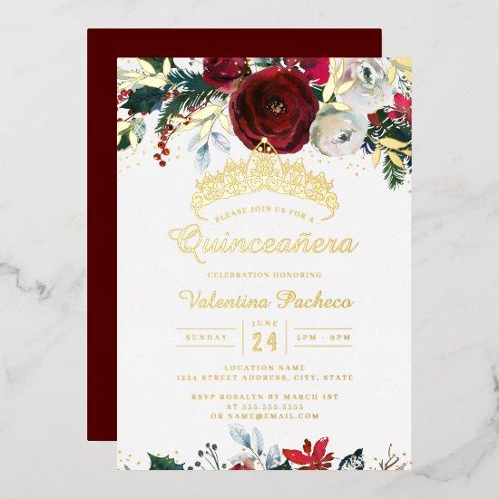 Christmas Red Gold Festive Foliage Quinceanera  Foil