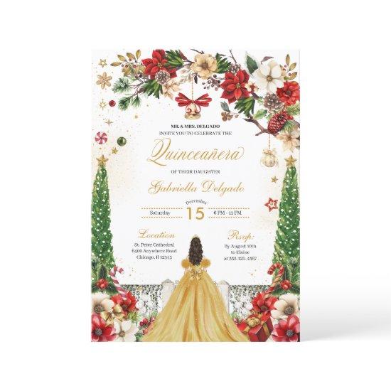 Christmas Winter Poinsettia Red Gold Quinceanera