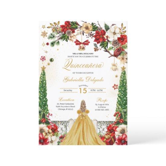 Christmas Winter Poinsettia Red Gold Quinceanera