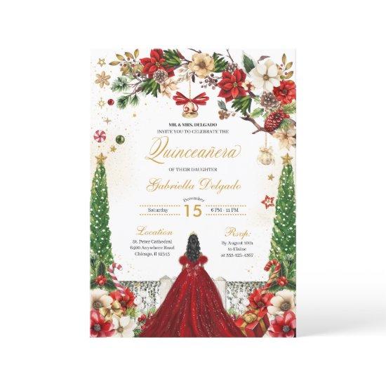 Christmas Winter Poinsettia Red Gold Quinceanera