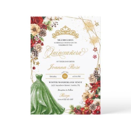 Christmas Winter Red & Gold Poinsettia Quinceanera
