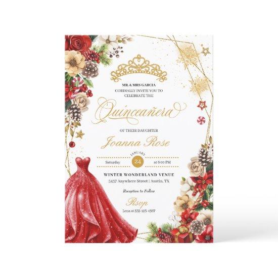 Christmas Winter Red & Gold Poinsettia Quinceanera