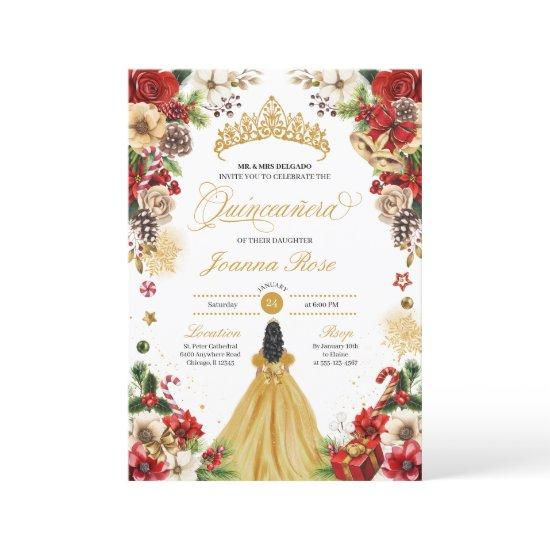 Christmas Winter Red & Gold Poinsettia Quinceanera
