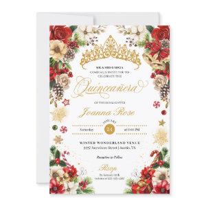 Christmas Winter Red & Gold Poinsettia Quinceanera