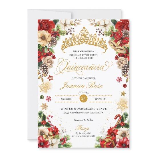 Christmas Winter Red & Gold Poinsettia Quinceanera