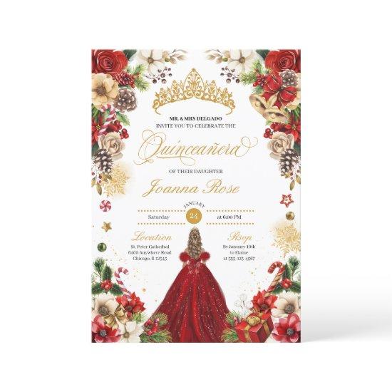 Christmas Winter Red & Gold Poinsettia Quinceanera