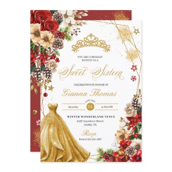 Christmas Winter Red & Gold Poinsettia Sweet 16