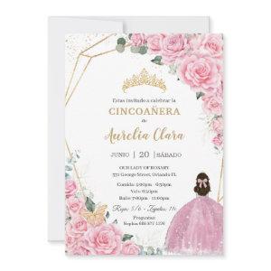 Cincoañera Pink Roses Floral Gold Princess Crown