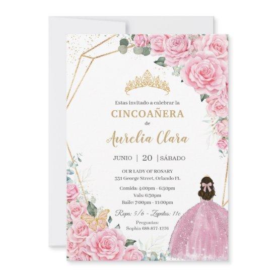 Cincoañera Pink Roses Floral Gold Princess Crown