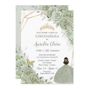 Cincoañera Sage Green Floral Gold Princess Dress