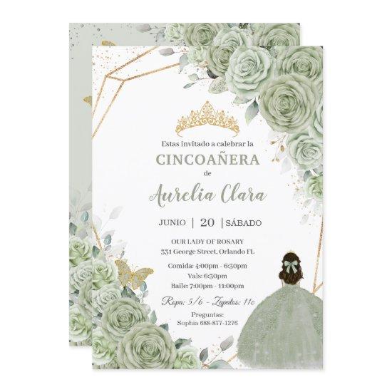Cincoañera Sage Green Floral Gold Princess Dress